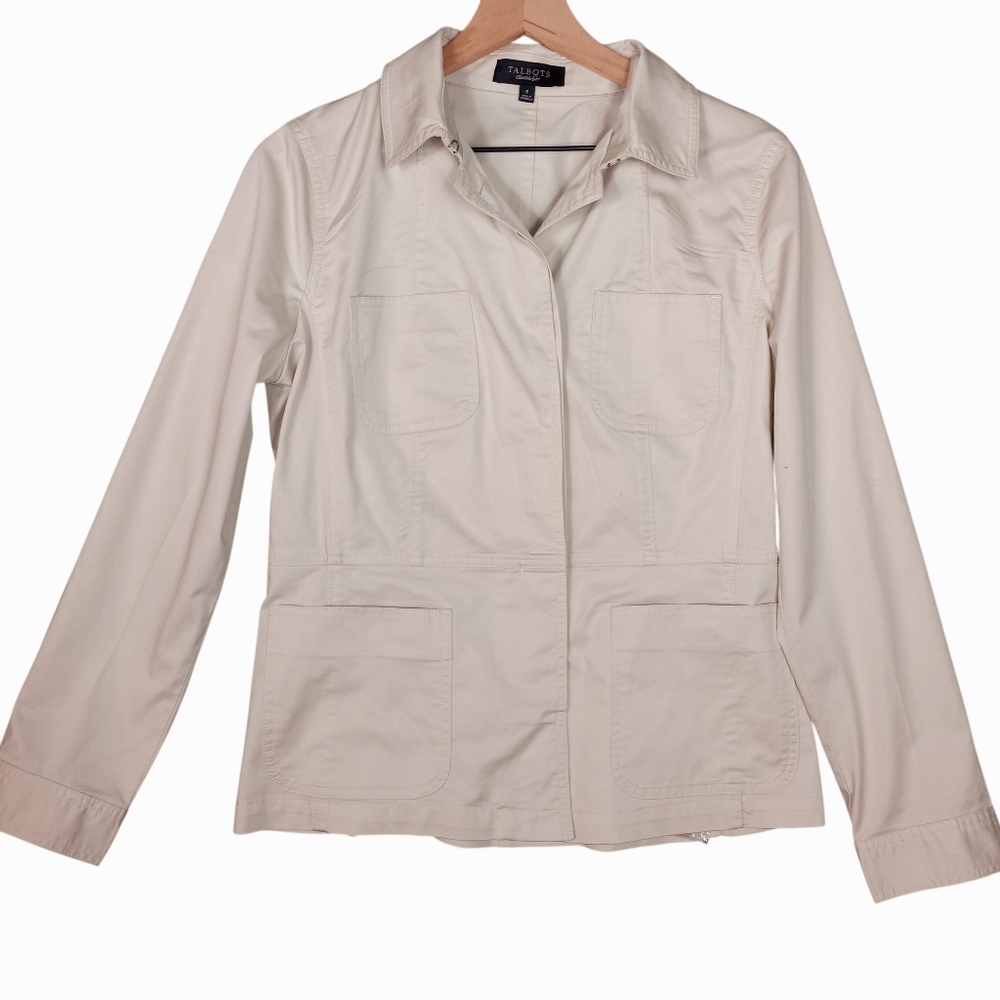 Talbots Women's Light Tan Utility Jacket size 8  pit to pit 20in and 24in lenght